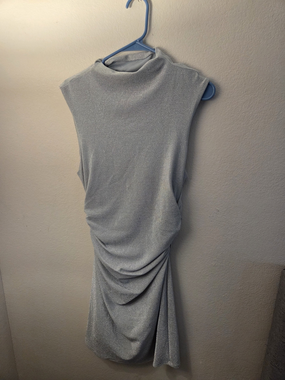 bebe Shimmery Silver Sleeveless Mock Neck Mini Dress NWOT Size L